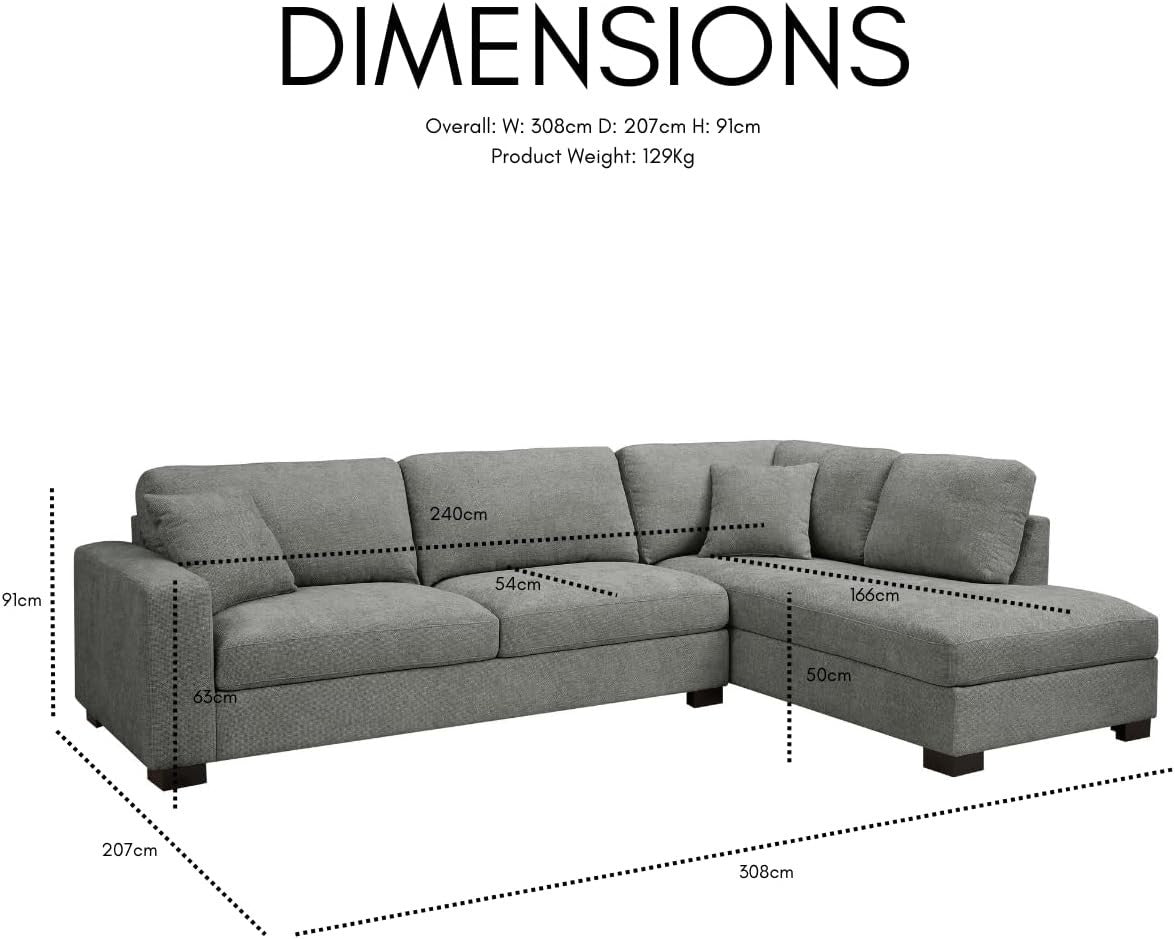 Grey Chenille Corner Sofa – 5 Seater Right Hand L Shape Couch w/ Footstool