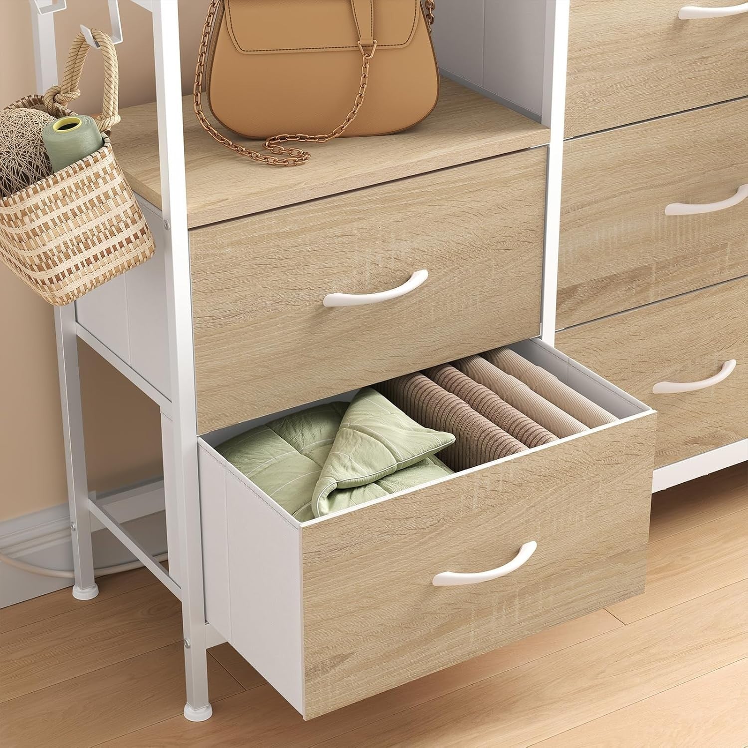 8 Drawer Fabric Chest with USB Ports Power Strip Light Oak White Storage Unit
