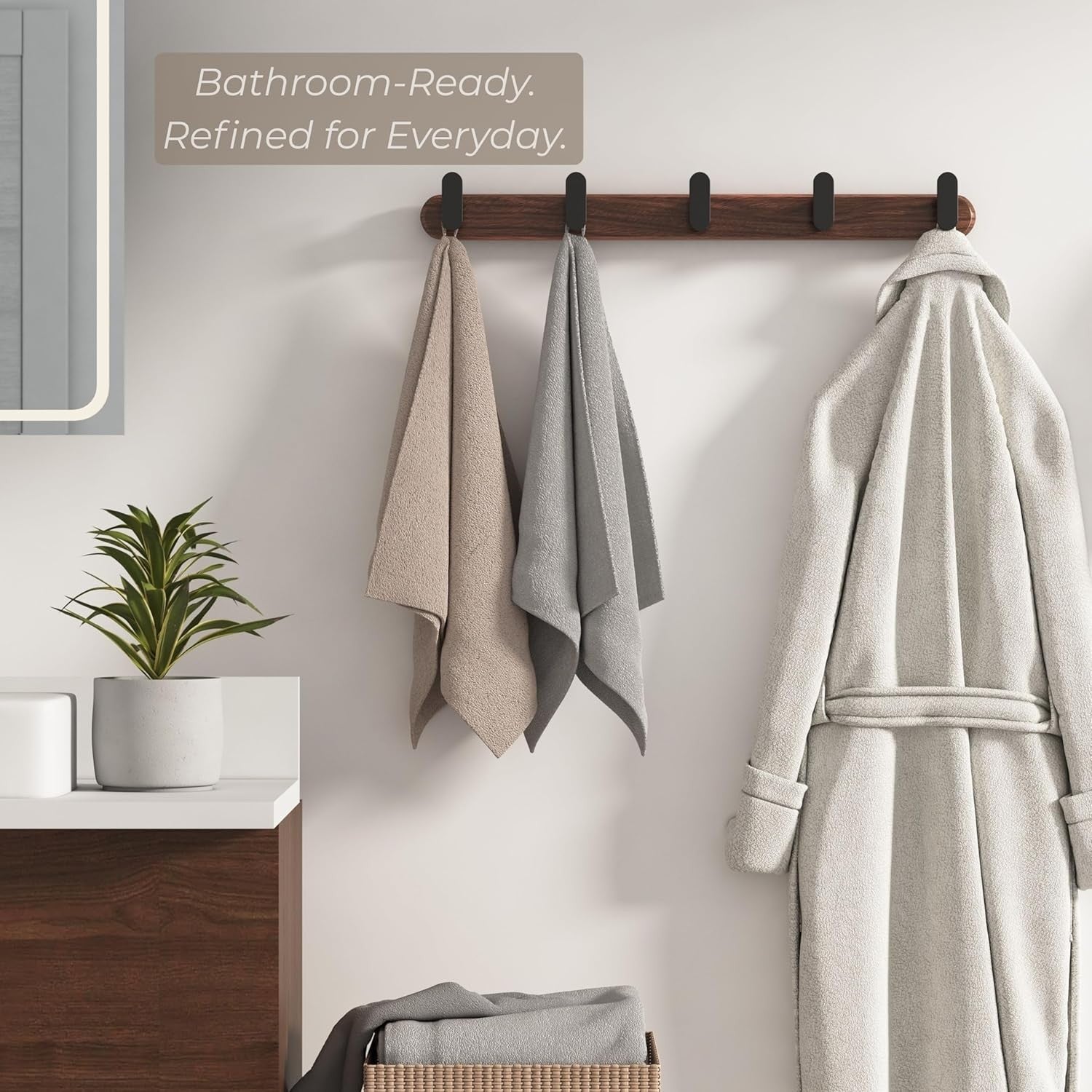 Black Walnut Wall Mounted Coat Rack | 45cm Solid Wood Hooks for Coats & Bags