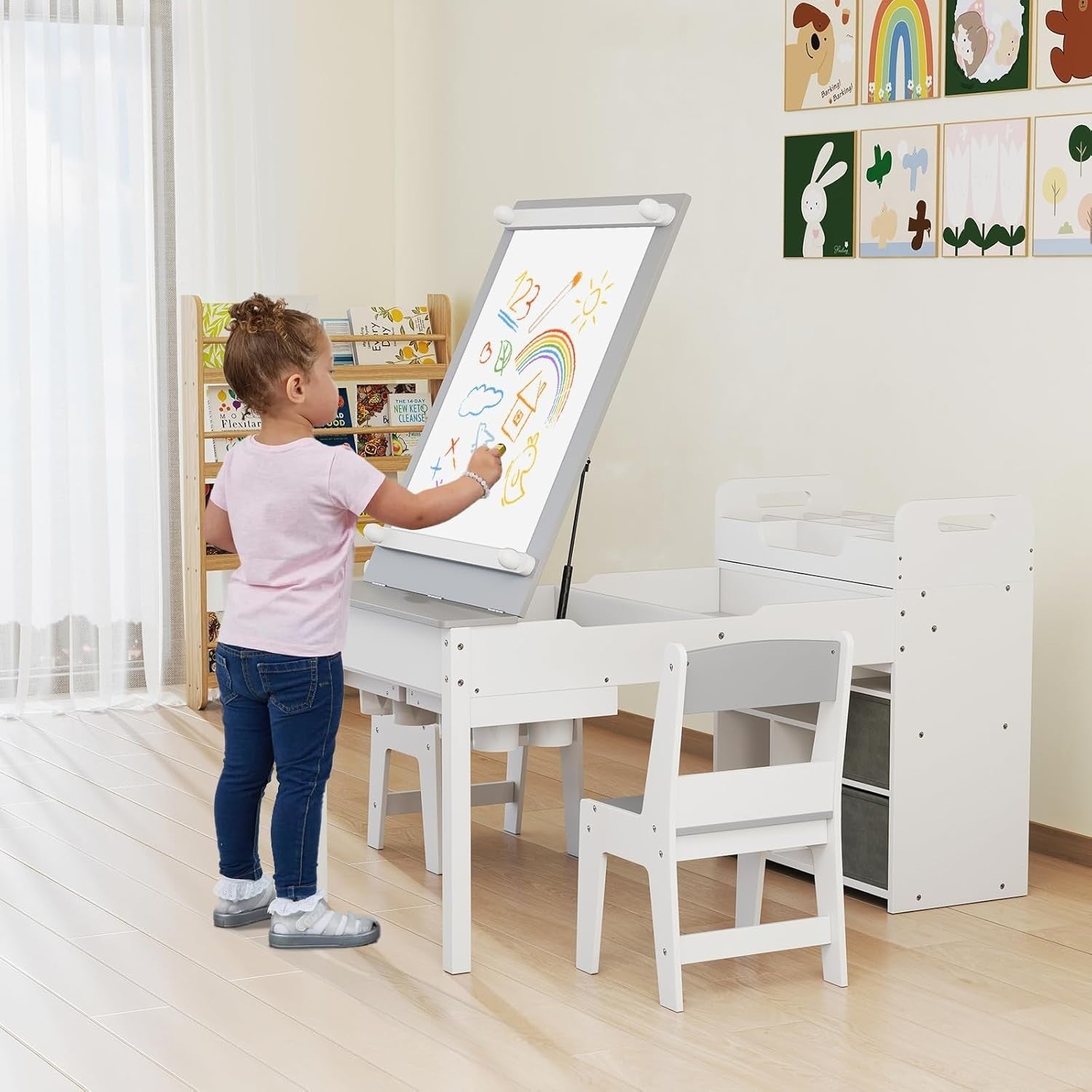 Kids Wooden Art Table and Chairs Set w/ Flip Top Easel Paper Roll Storage Grey