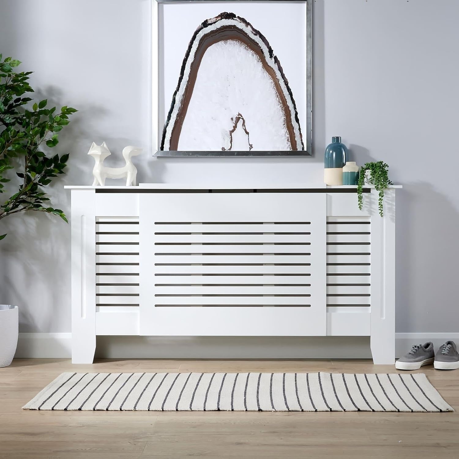 Adjustable White Radiator Cover Wooden Slatted Grill Cabinet 203x22x82cm