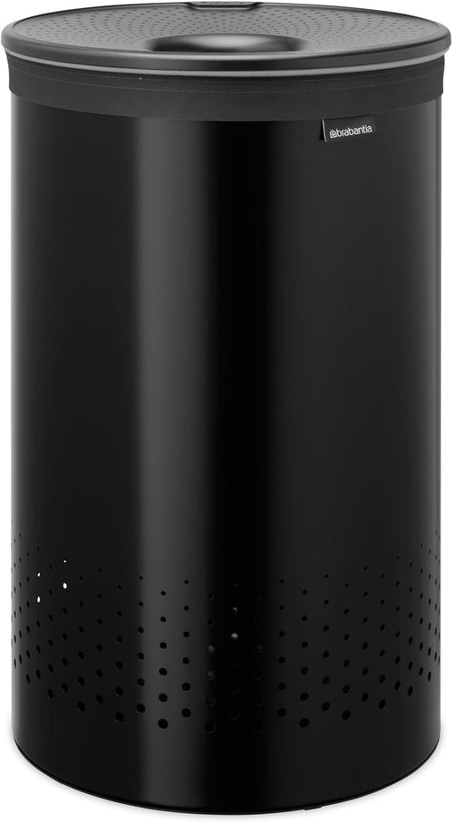 60L Matt Black Laundry Bin with Lid & Quick-Drop Opening Removable Cotton Bag