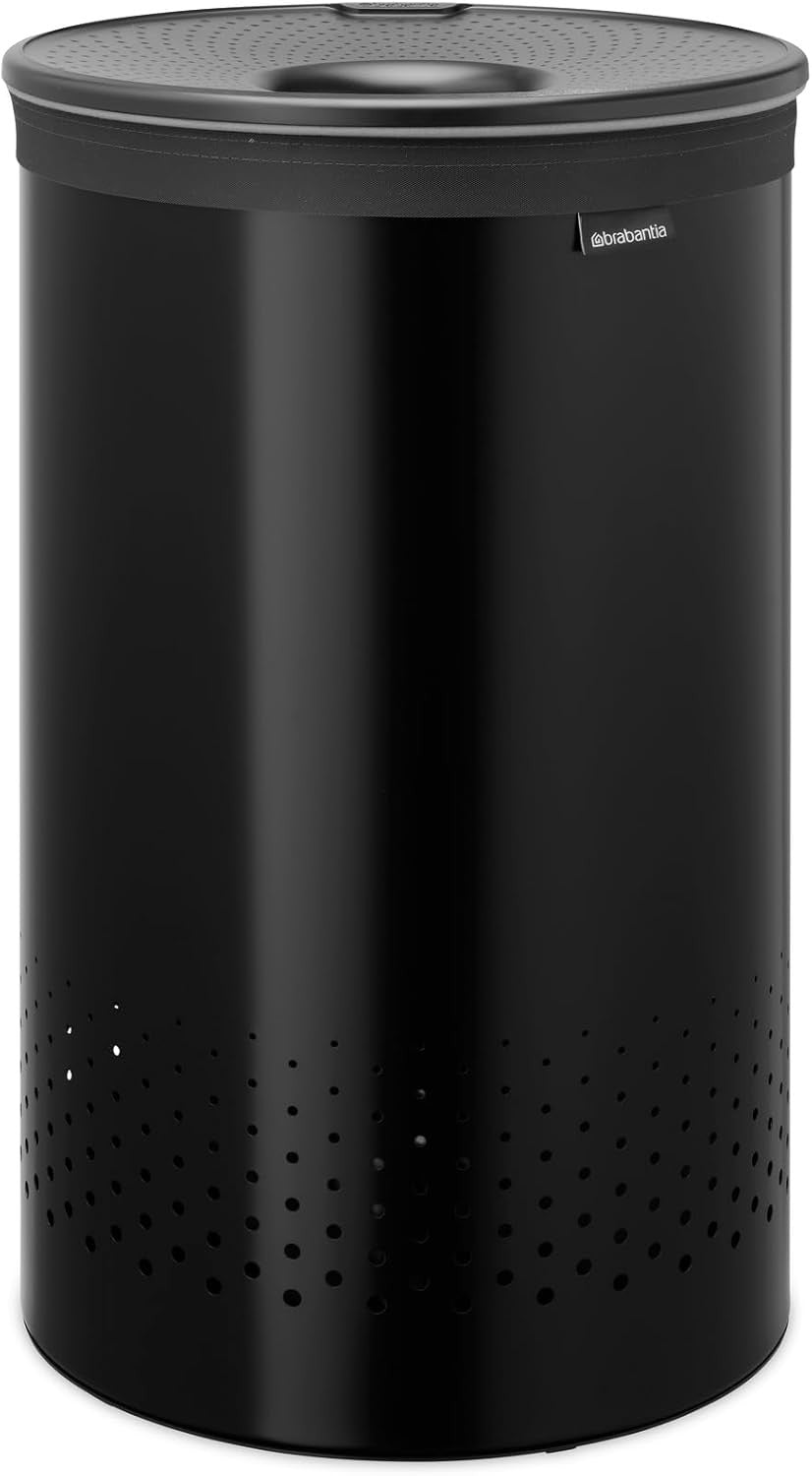 60L Matt Black Laundry Bin with Lid & Quick-Drop Opening Removable Cotton Bag