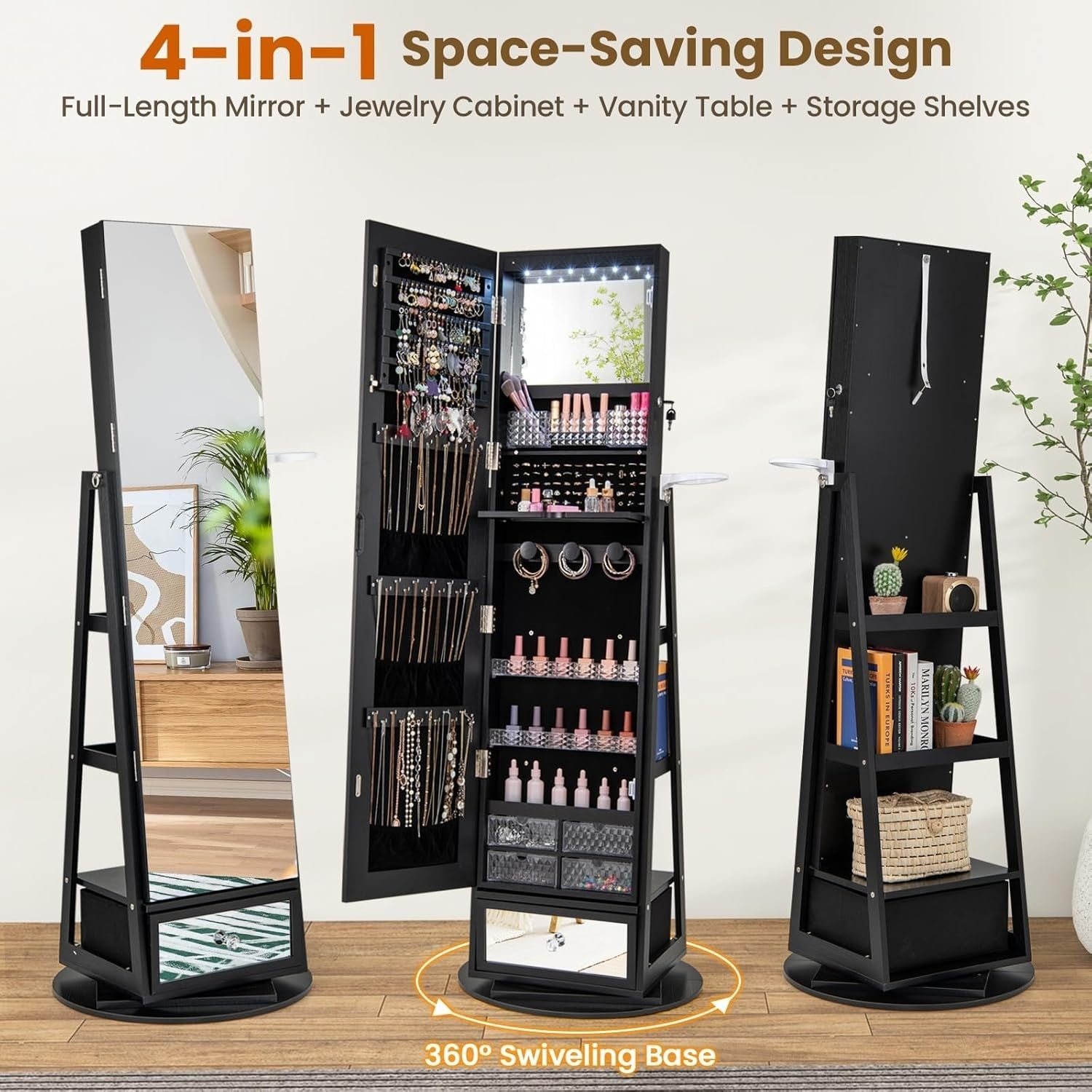 Black 360° Swivel LED Jewelry Cabinet Mirror Lockable Storage with Shelves