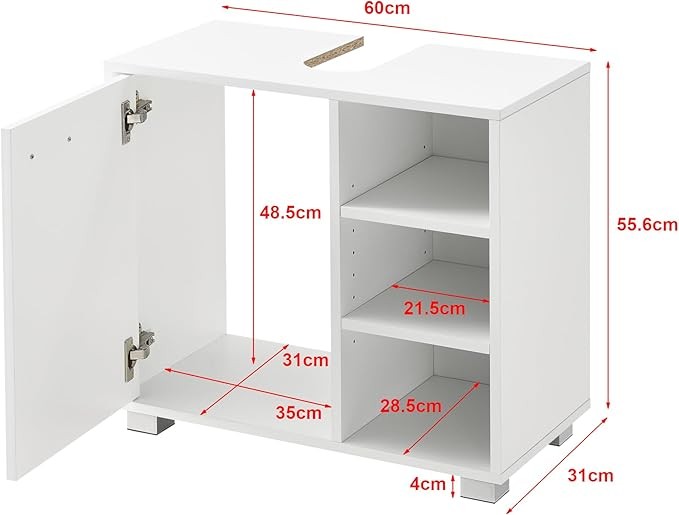 White Bathroom Sink Cabinet 56x60x31cm Modern Vanity Unit Storage Cupboard