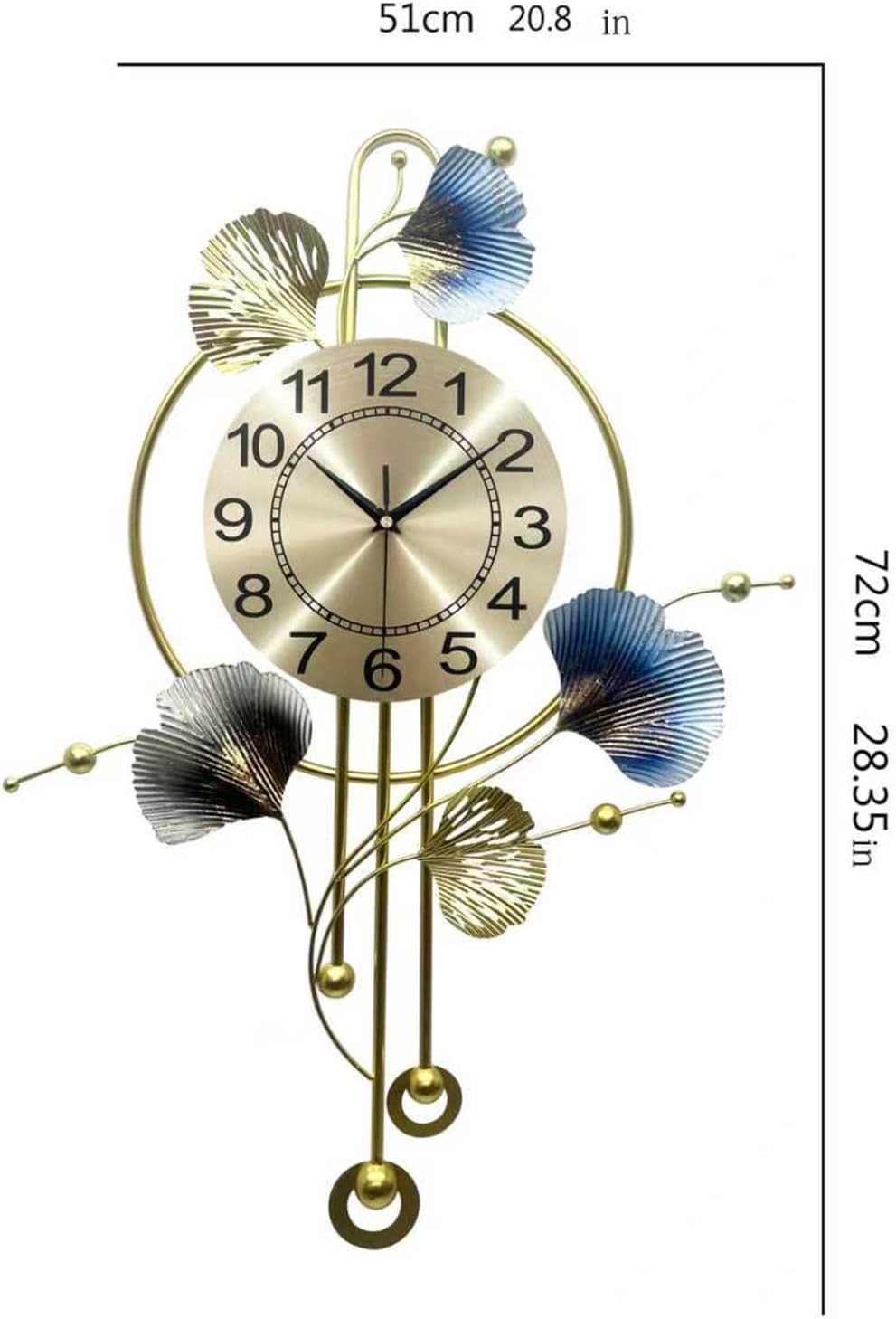 70×52cm Blue Ginkgo Leaf Wall Clock – Luxury Silent Metal Art Pendulum Home Deco