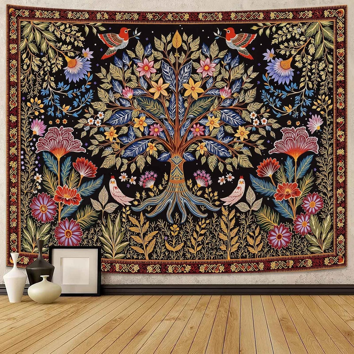 Folk Art Tree of Life Tapestry Birds & Foliage Boho 44x60