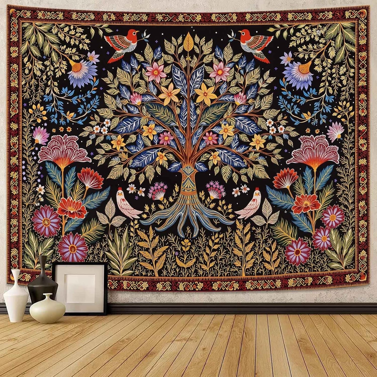 Folk Art Tree of Life Tapestry Birds & Foliage Boho 44x60