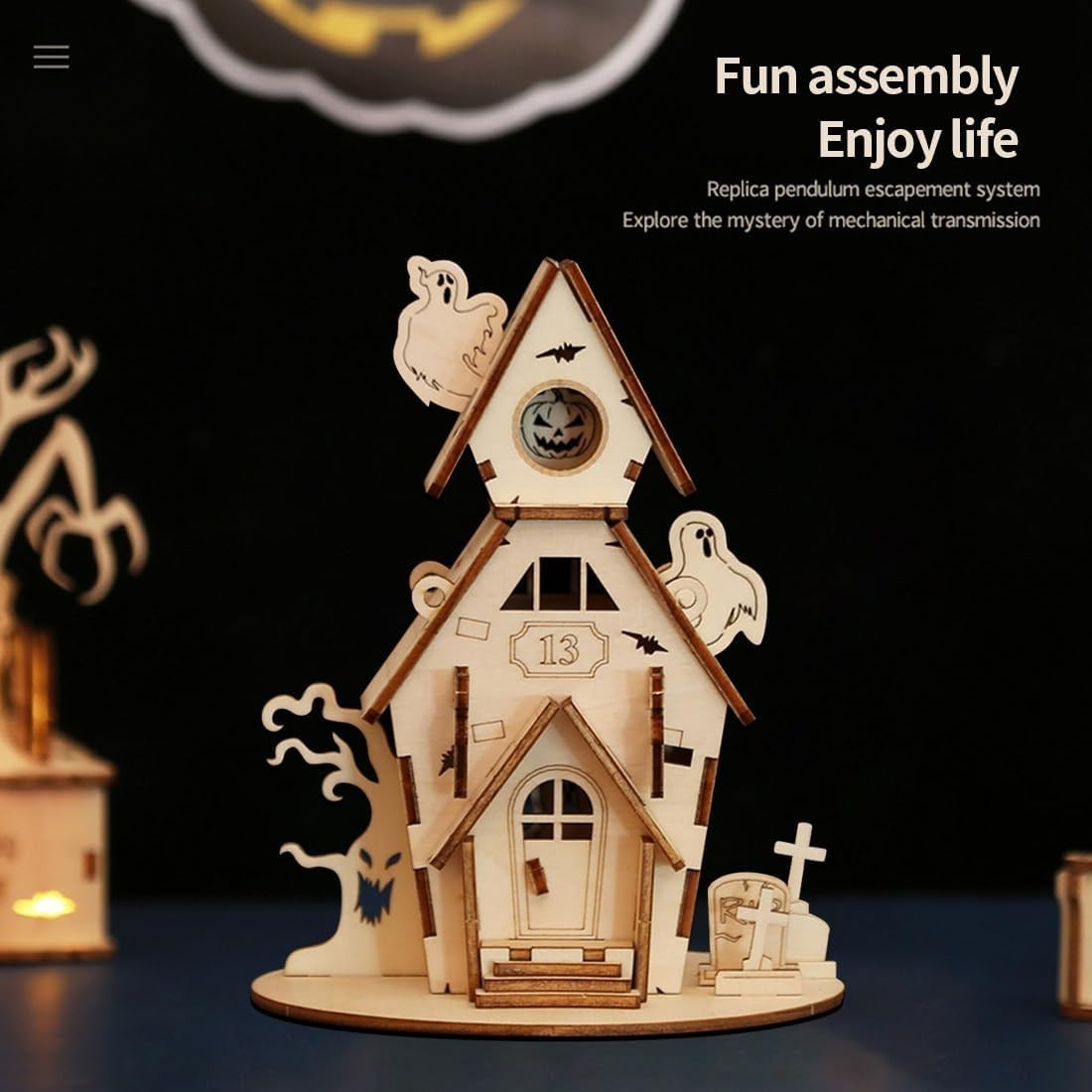 3D Wooden Halloween Ghost House Puzzle Model Kit - Handmade DIY Decor
