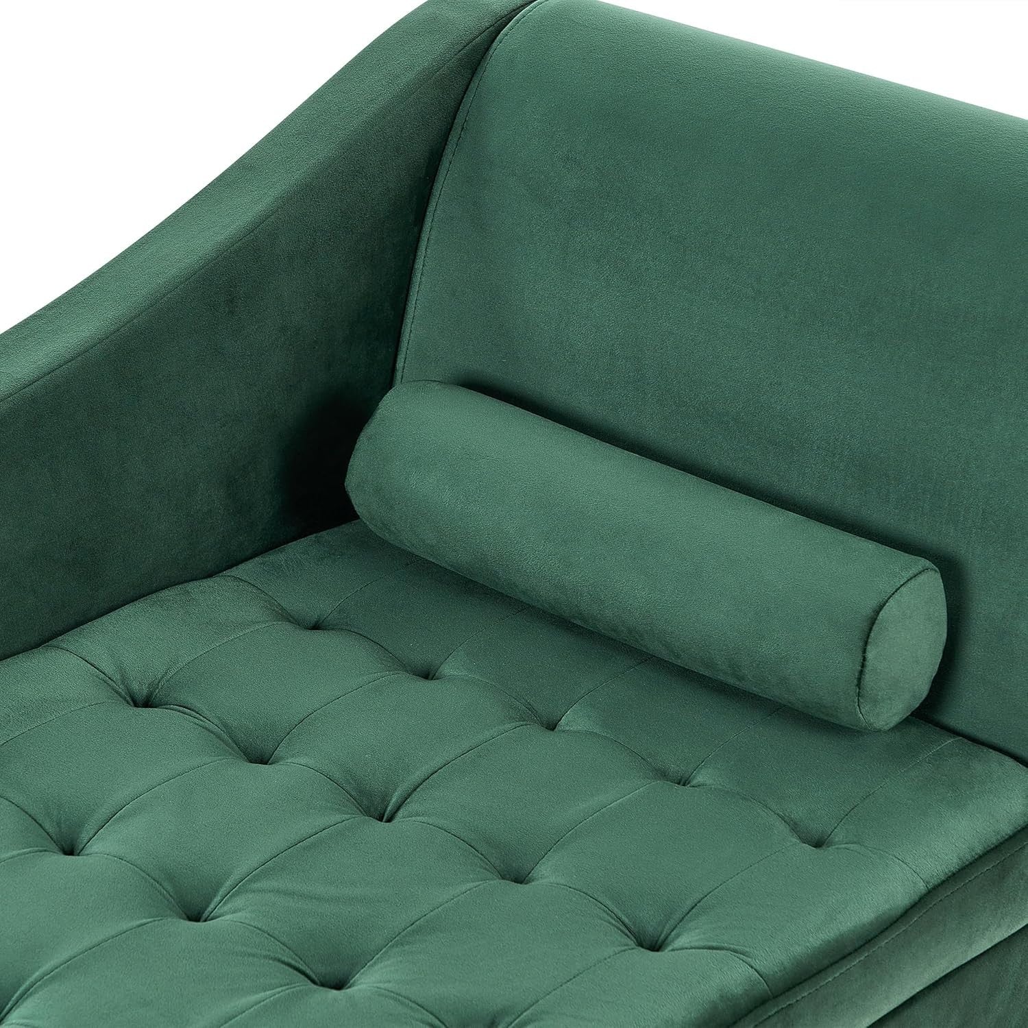 Velvet Right Hand Chaise Lounge with Storage & Cushion, Wooden Legs, Dark Green