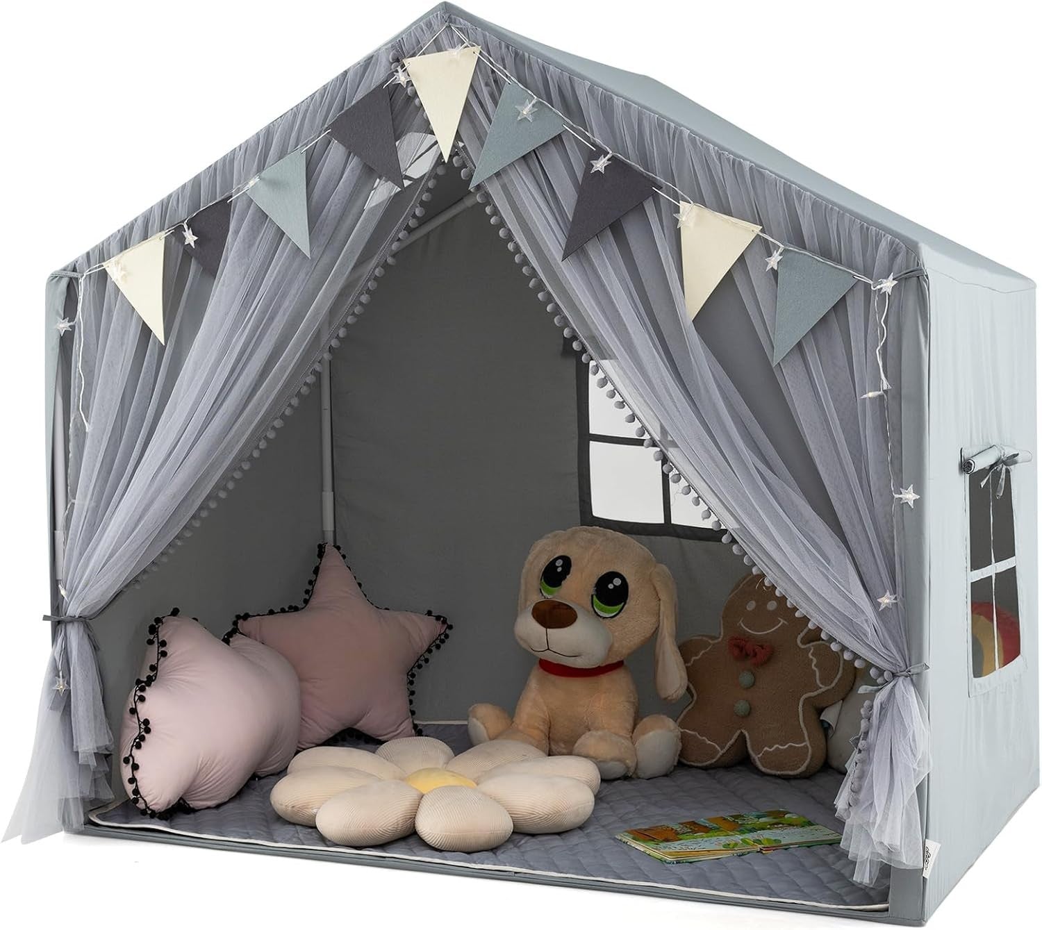 Large Kids Play Tent Castle Indoor w Star Lights Mat Windows Gift