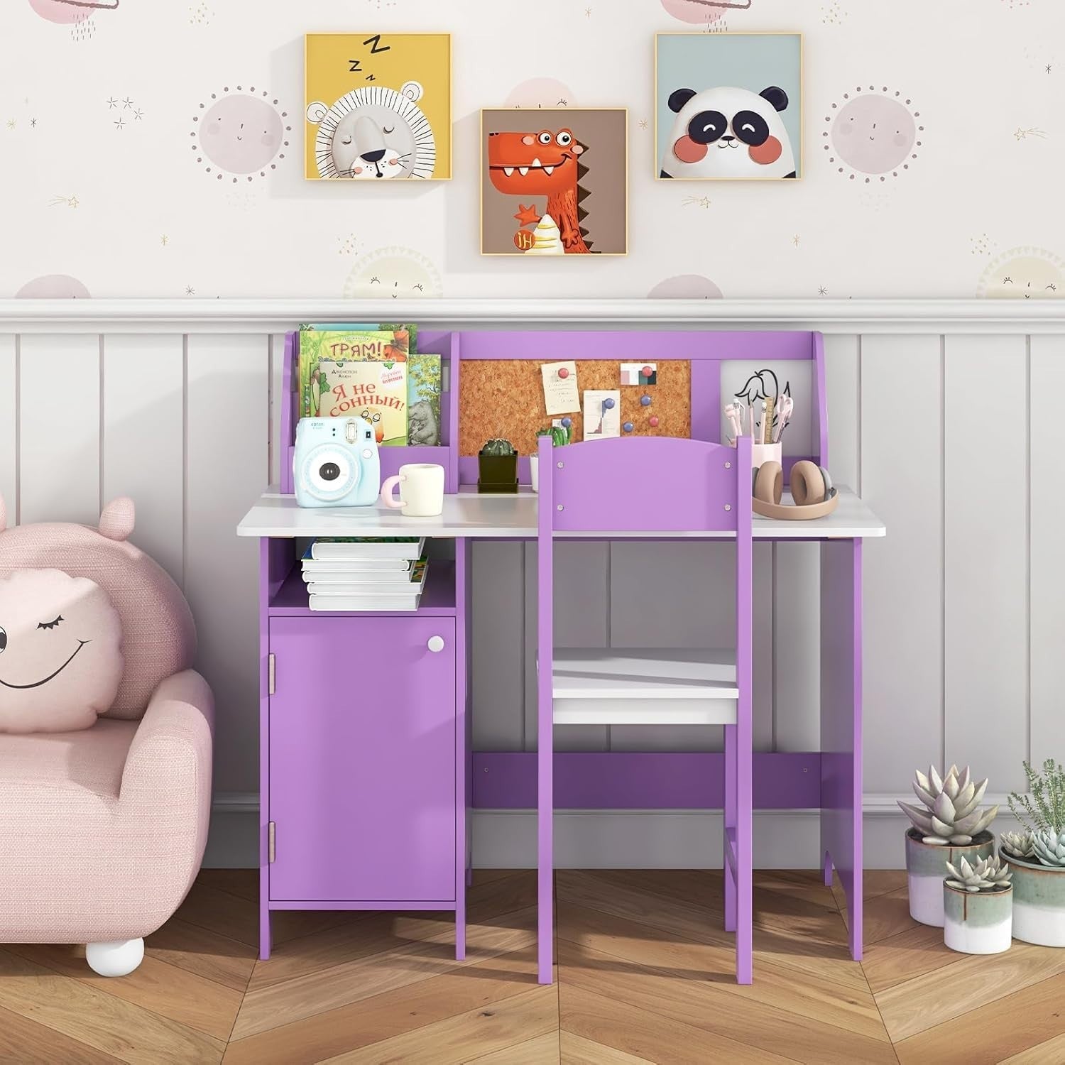 Kids Study Desk & Chair Set with Storage Cabinet, Cork Board, Ergonomic