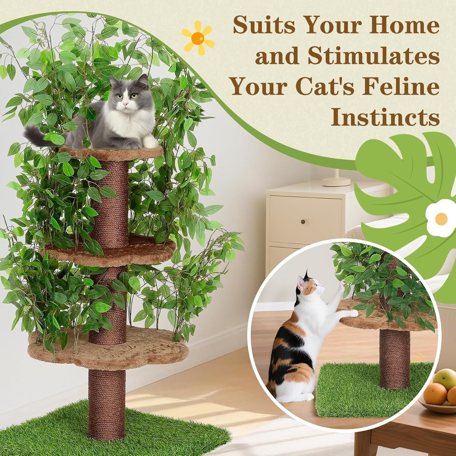 150cm Cat Tree Tower Scratching Post With Simulated Ficus Leaves Indoor