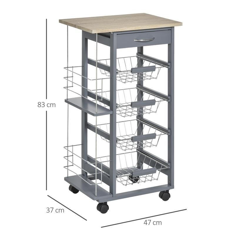 Grey Kitchen Cart with 4 Metal Baskets Drawer & Side Racks on Wheels