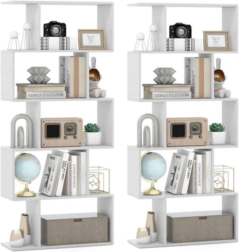 Modern S-Shape 5 Tier Bookshelf White | Freestanding Display Shelving Unit 70×15