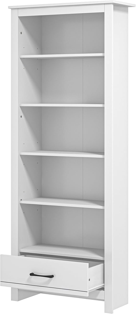 Tall 5 Tier White Bookcase with Drawer – Modern Storage Shelves for Home Office