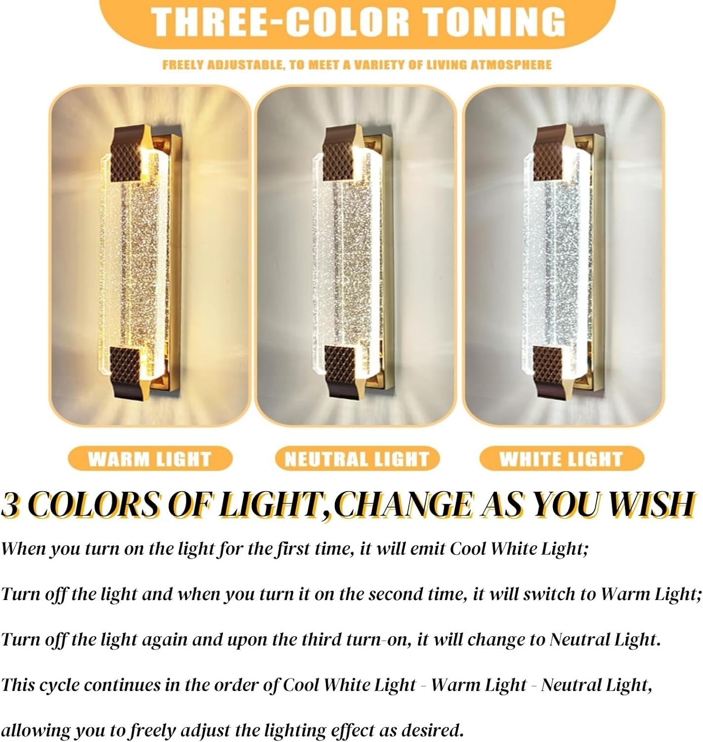 Gold Crystal LED Wall Light Modern Tri-Color Lamp for Hallway & Bedroom