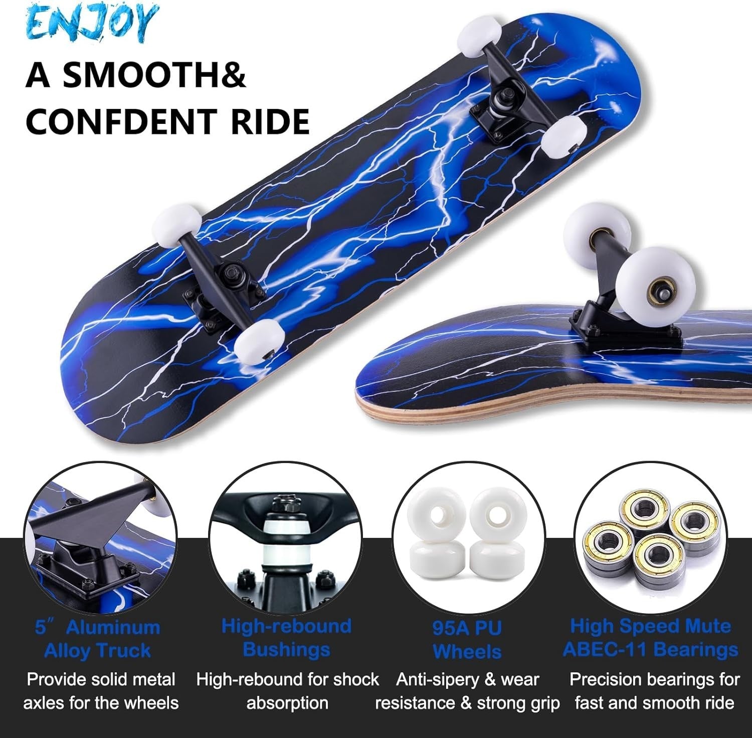 31x8 Complete Maple Skateboard Double Kick Blue Cruiser Kids Teens Adult