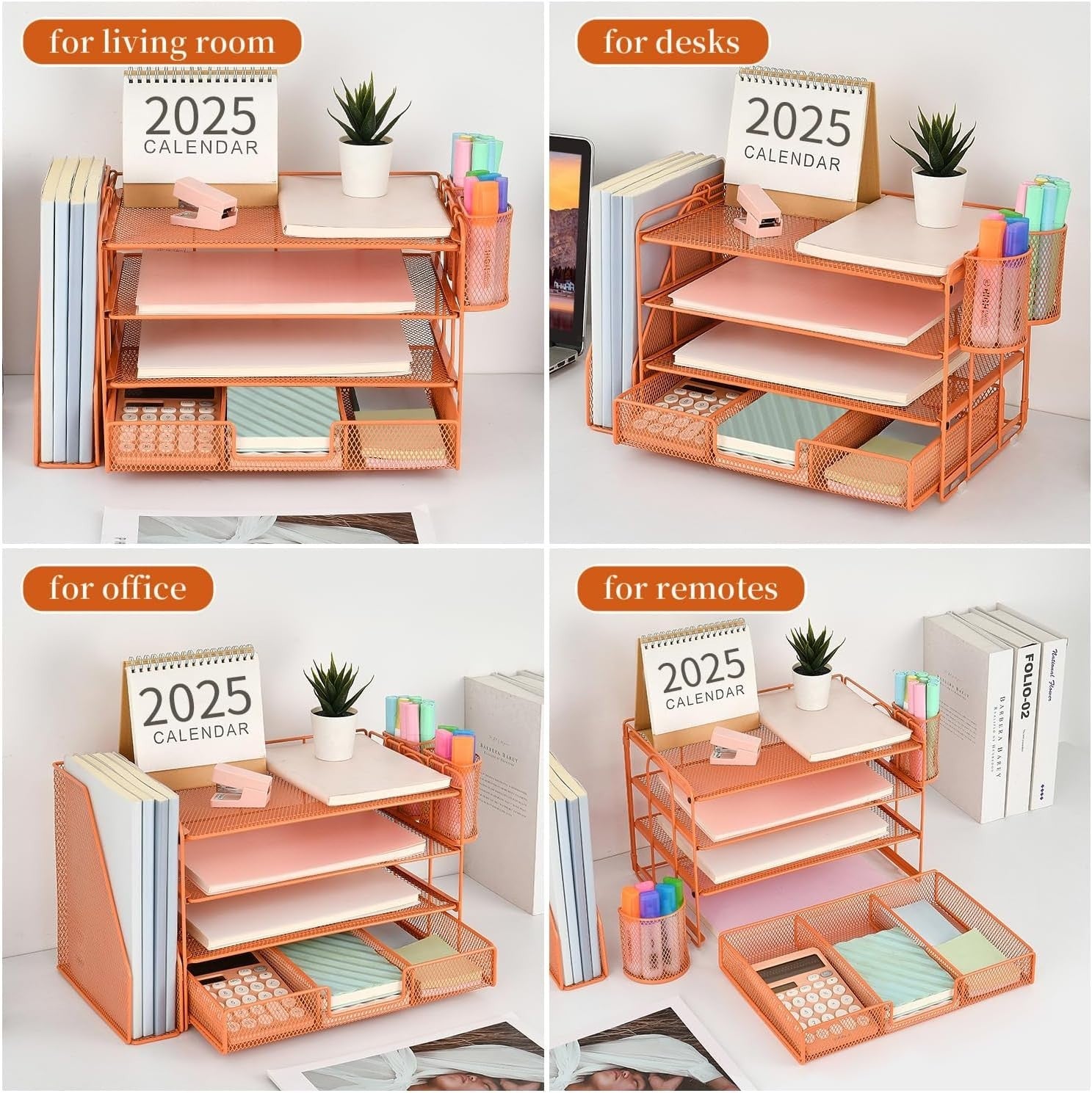 4-Tier Desk Organizer Metal File Holder Drawer Pen Storage Orange