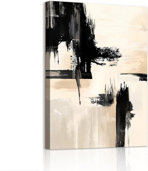Abstract Black Beige Canvas Wall Art Framed 30x40cm Modern