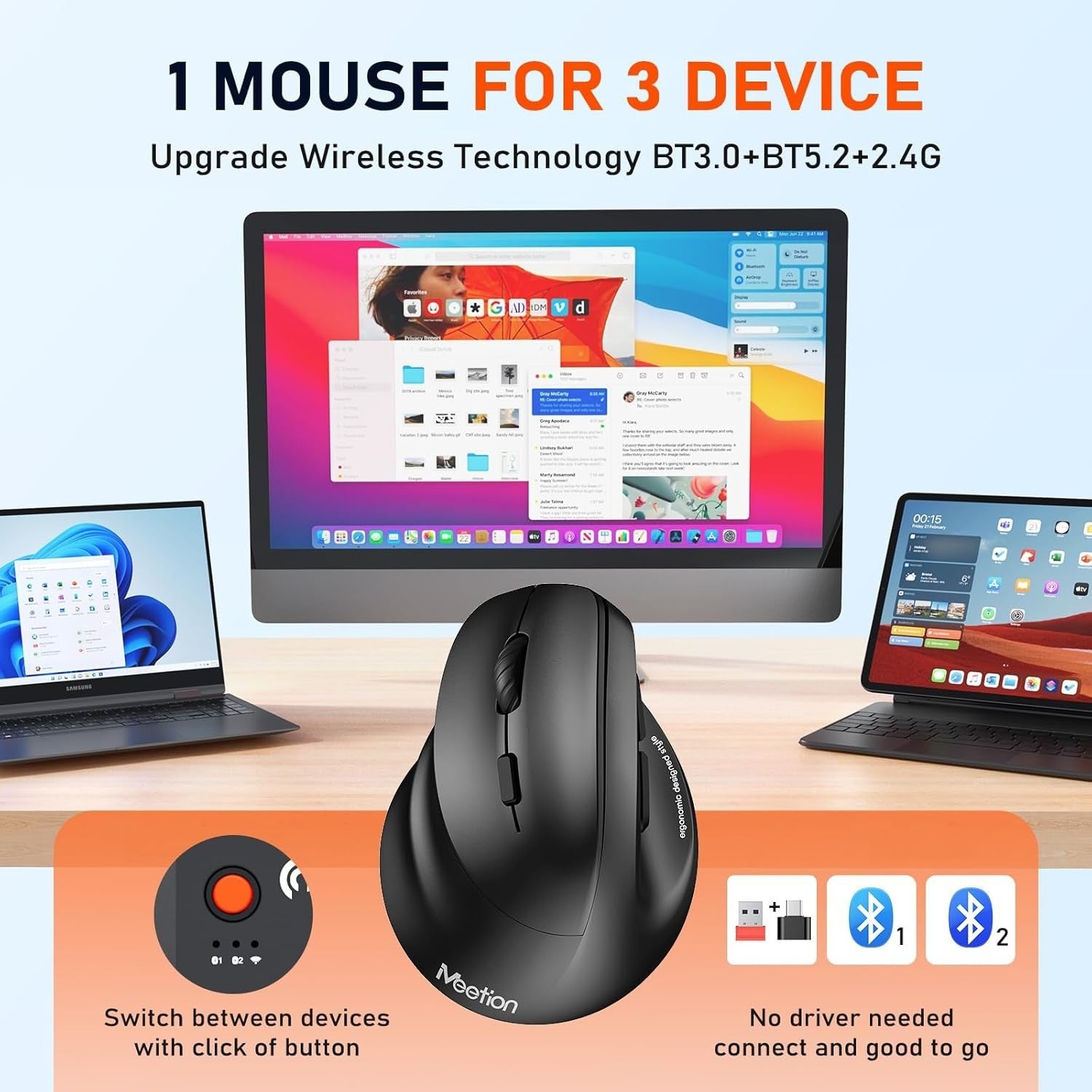 Left Handed Ergonomic Wireless RGB Mouse Bluetooth USB C Rechargeable