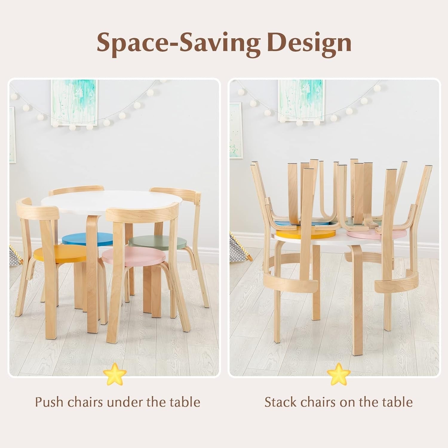 Kids Table and Chairs Set Solid Wood 5pc Multicolor Round Playroom Furniture
