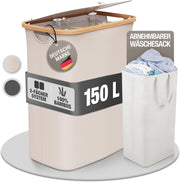 150L Foldable Laundry Hamper Bamboo Lid 2 Compartments Large Beige Basket