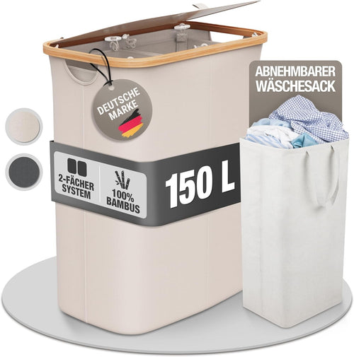 150L Foldable Laundry Hamper Bamboo Lid 2 Compartments Large Beige Basket