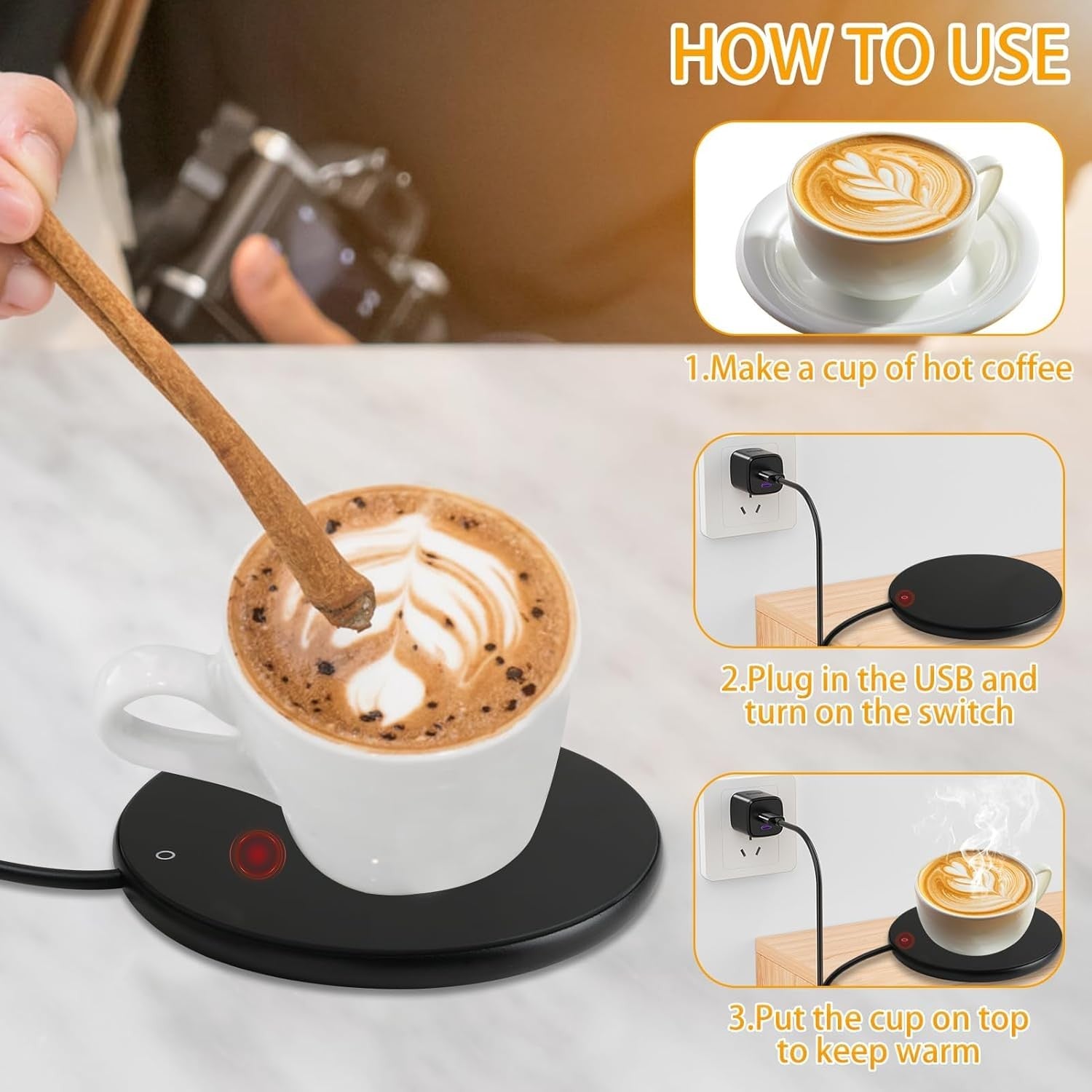 Black USB Coffee Mug Warmer 3 Temp 40-60°C 8H Auto Shut Off