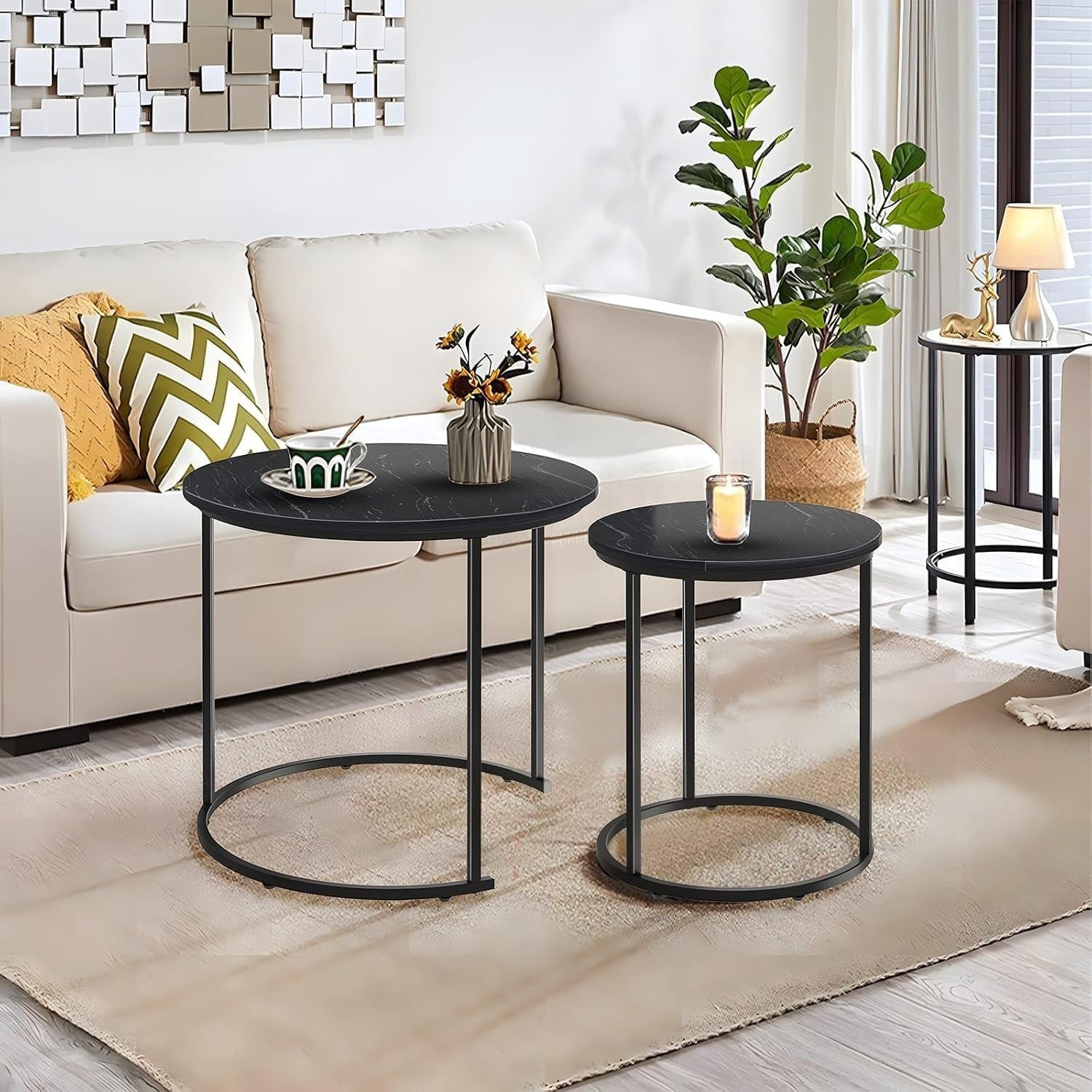 Nesting Coffee Table Set of 2 Round Faux Marble End Side Table for Living Room