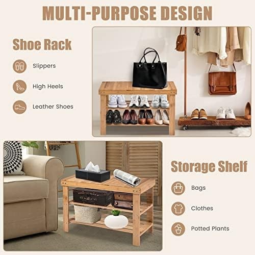 3-Tier Natural Bamboo Shoe Storage Bench with Seat for Entryway & Hallway