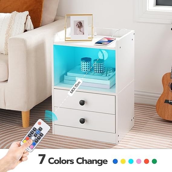 Modern LED Bedside Table with Charging Station, 2 Drawers, Storage Shelf White