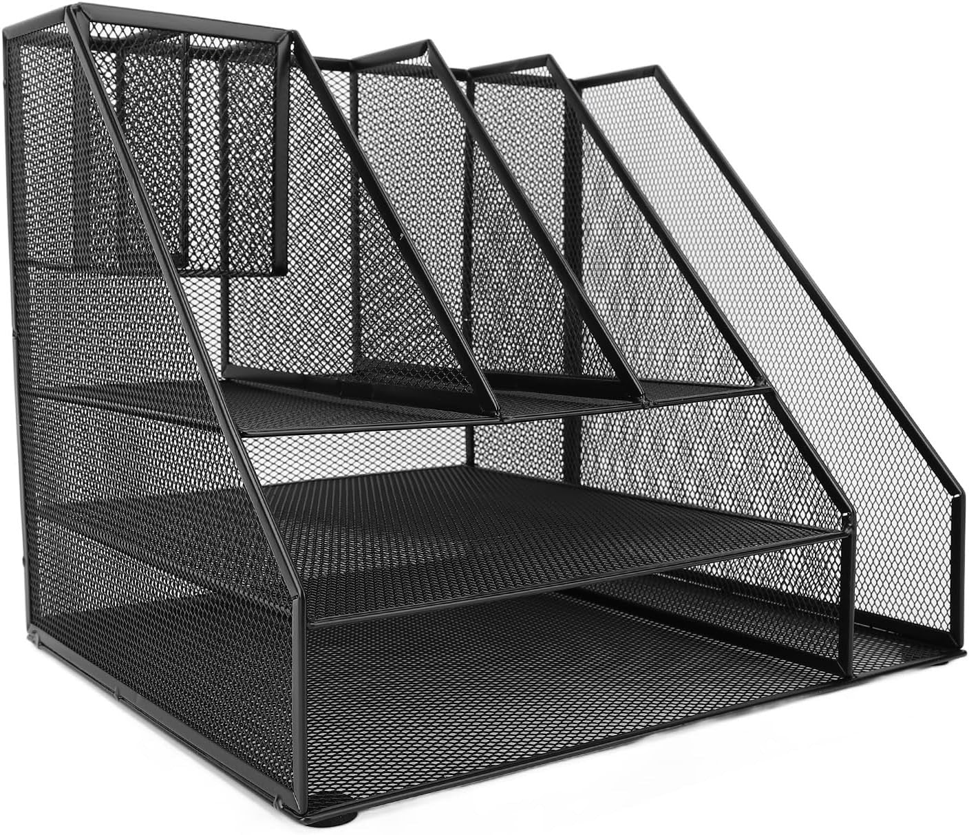 3-Tier Desk Organizer with Pen Holders & File Rack – Metal Mesh Storage