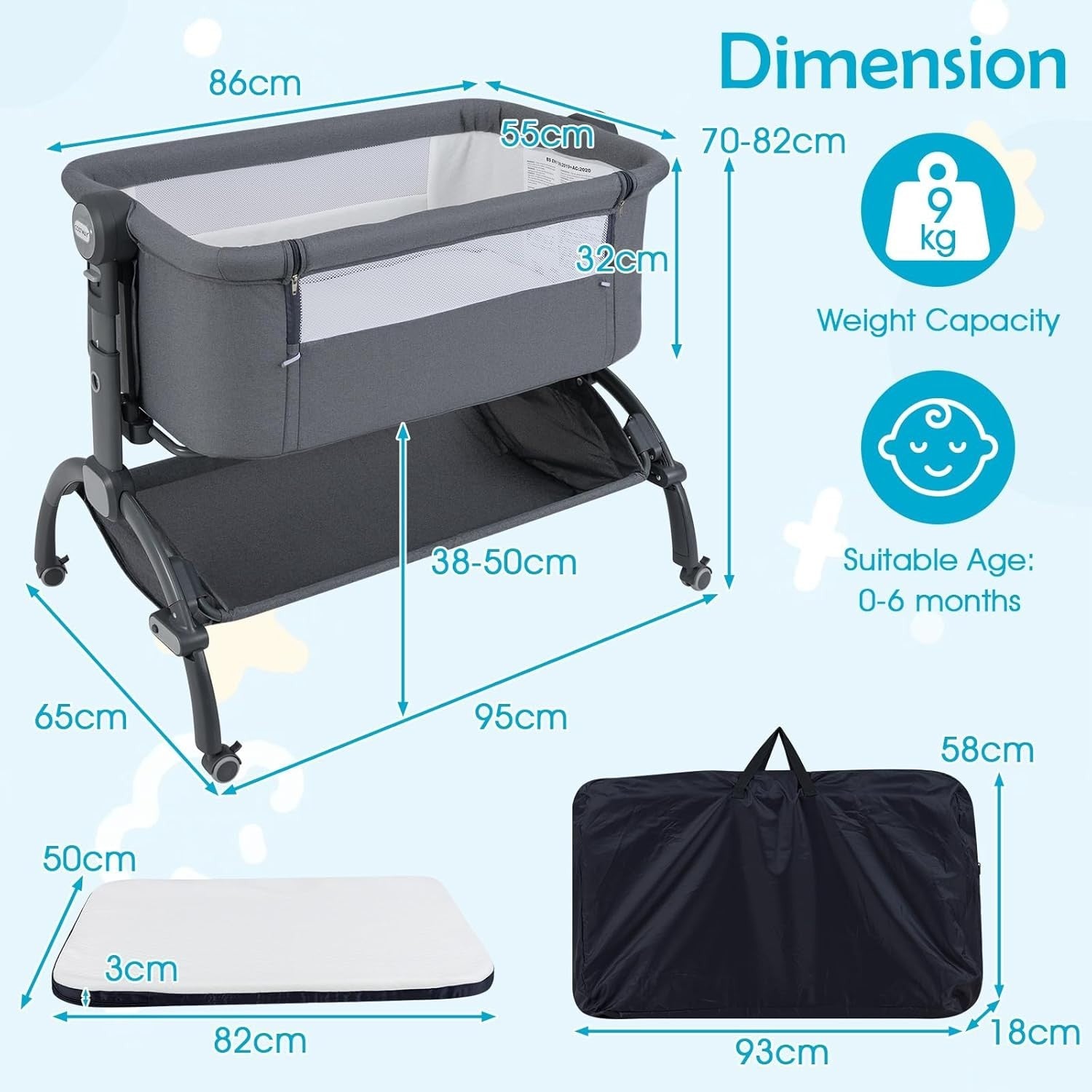Baby Bedside Crib Adjustable Bassinet with Mattress Newborn Sleeper Dark Grey
