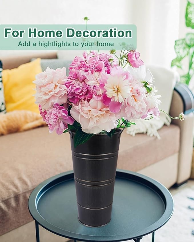 12 Inch Black Galvanized Metal Flower Vases Set of 2 Rustic Bucket Planters
