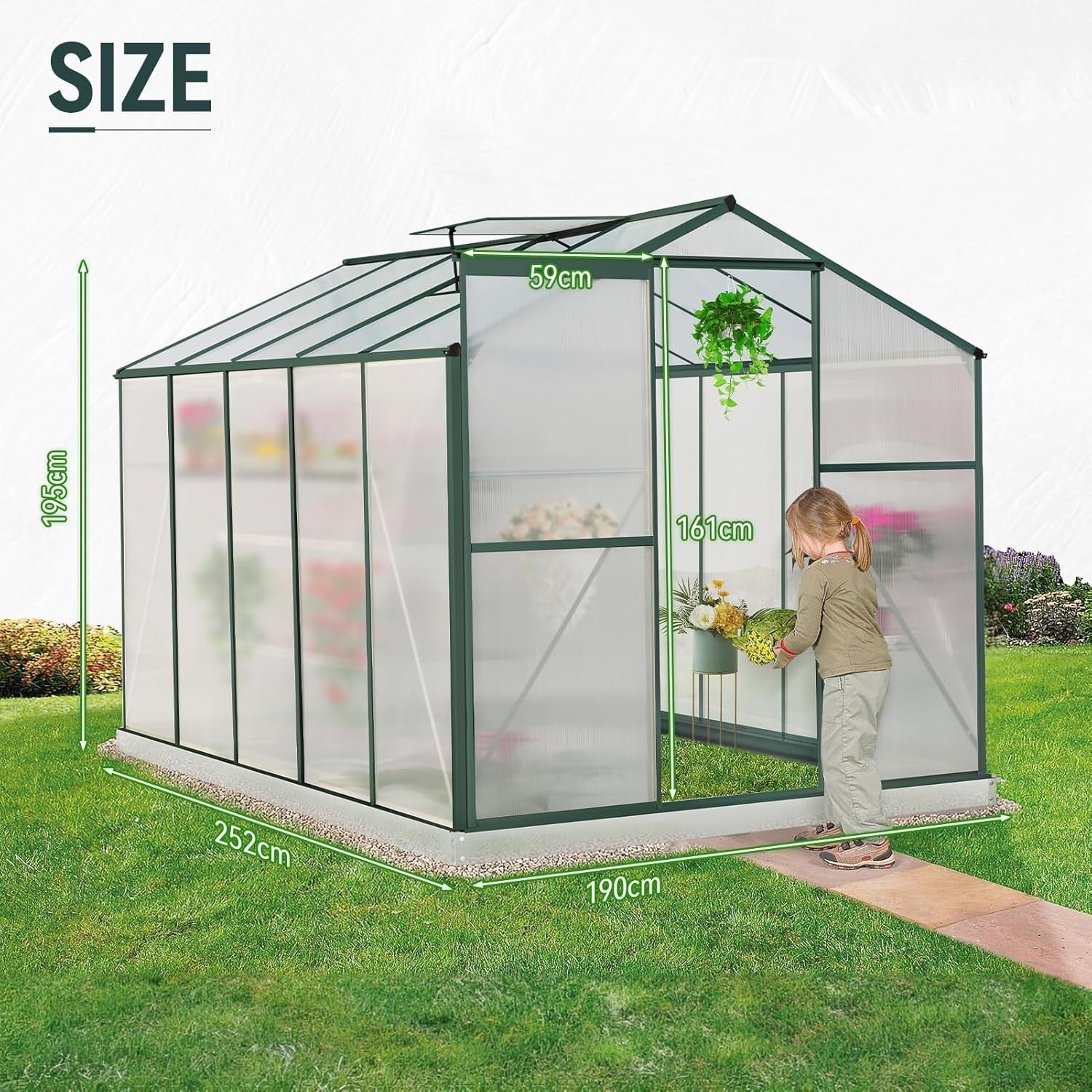 8x6FT Walk-In Polycarbonate Greenhouse with Base – Aluminium Frame, UV Resistant