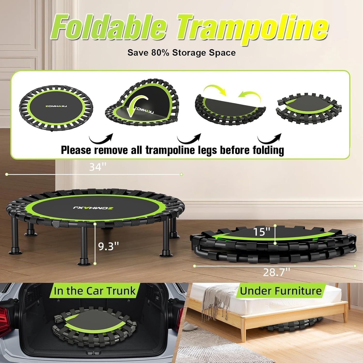 40in Foldable Rebounder Trampoline Indoor Fitness Adjustable Bar 440LBS