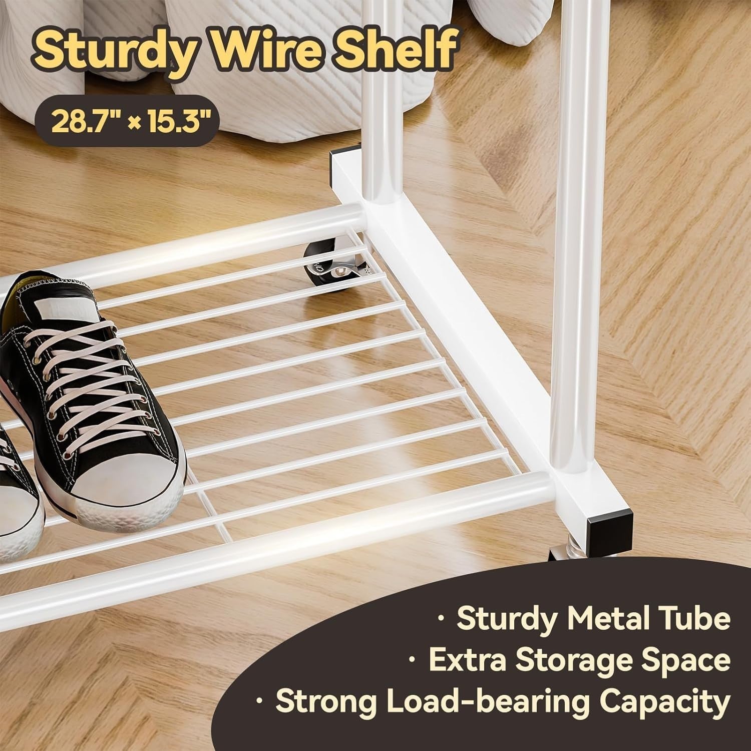 White Metal Garment Rack with Wheels & Bottom Shelves