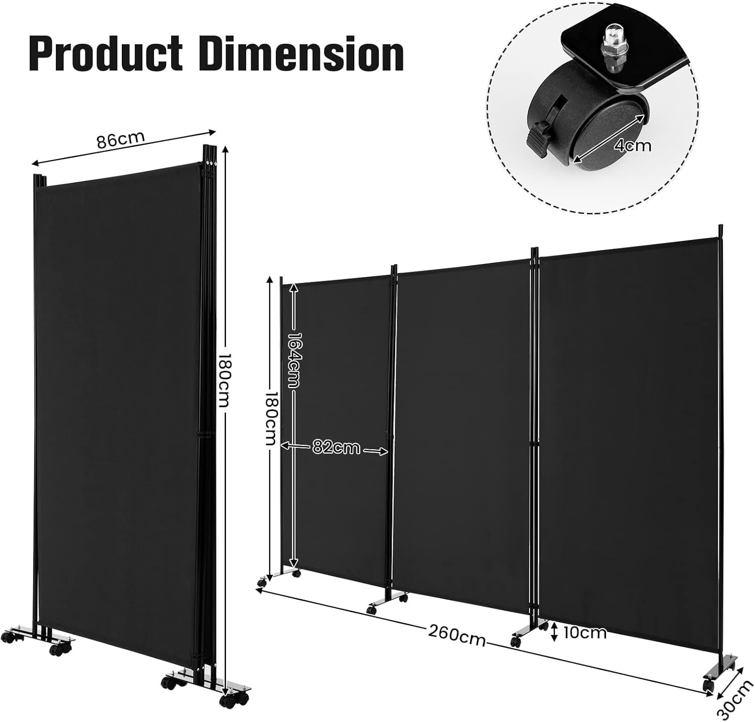 3 Panel Black Folding Room Divider Privacy Screen on Wheels for Home Office Use