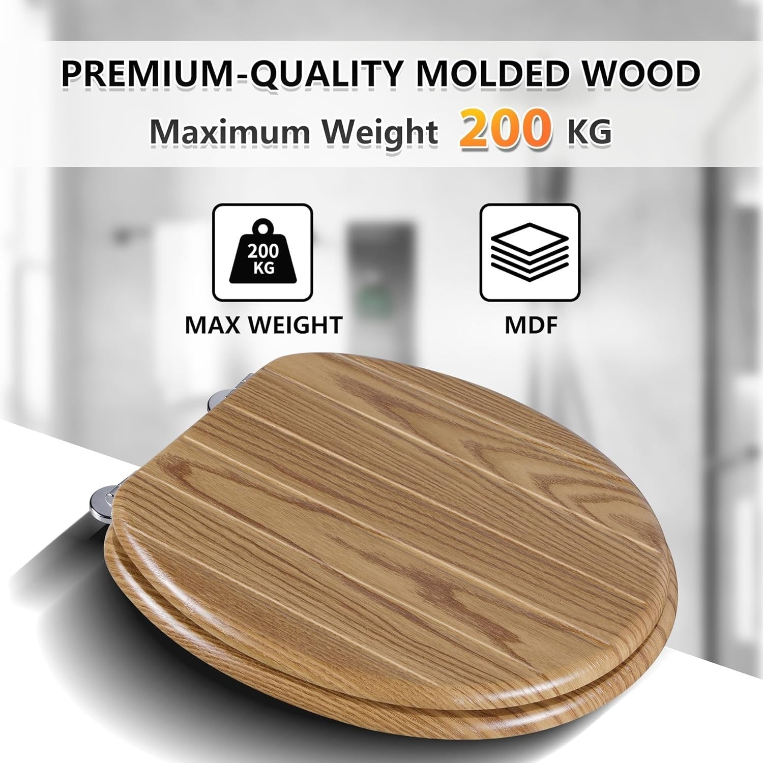 Striped Oak Wooden Toilet Seat | MDF Oval Design Adjustable Hinges 107–203mm