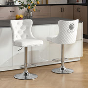Velvet Bar Stools Set of 2 White Cream Chrome Legs Adjustable Swivel Chairs