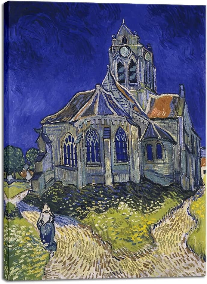 12"x16" Blue Church Canvas Wall Art – Vincent Van Gogh Style Print