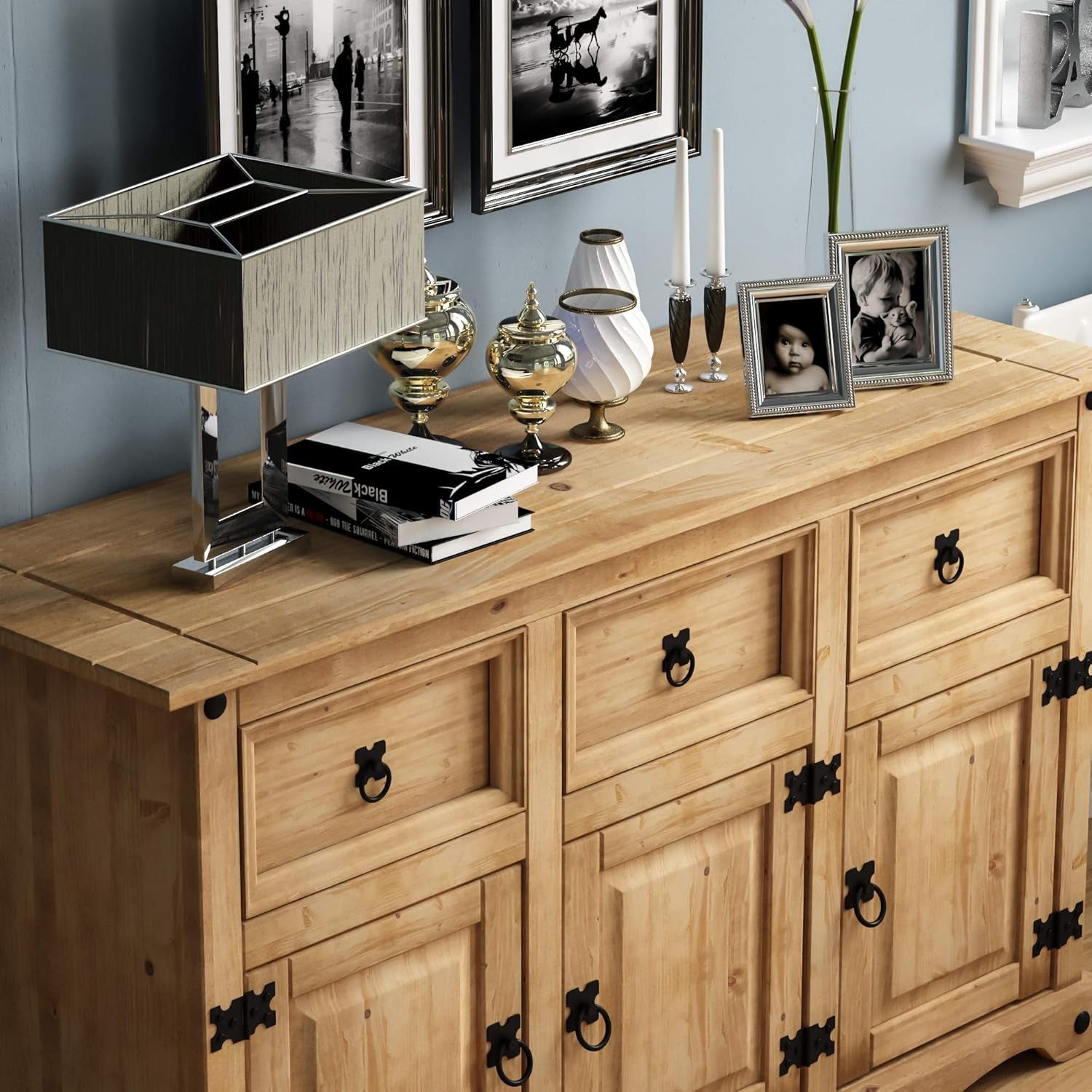 Large Rustic Solid Pine Sideboard 3 Door 3 Drawer Storage Cabinet 125cm