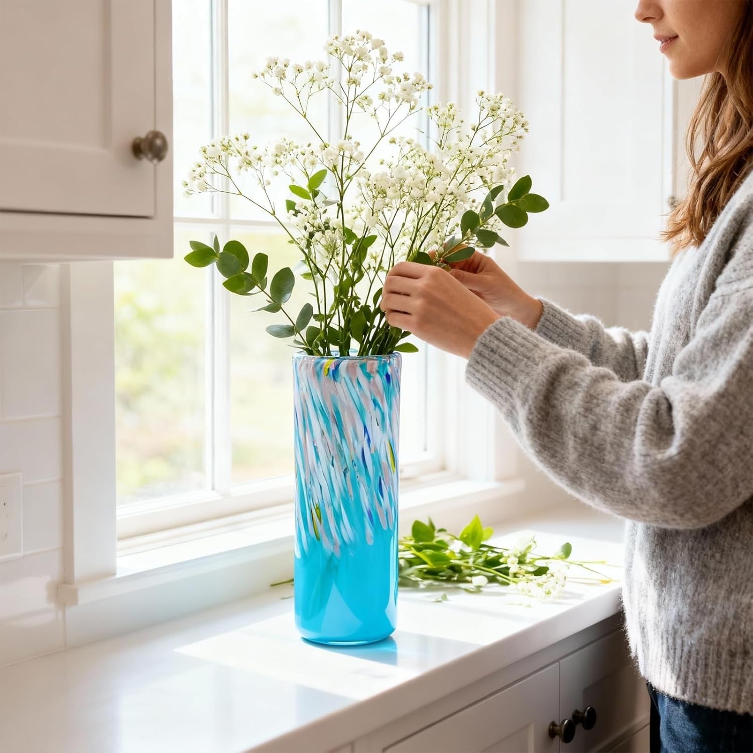 Hand Blown Blue Glass Vase 24cm Tall Modern Flower Centerpiece Decor