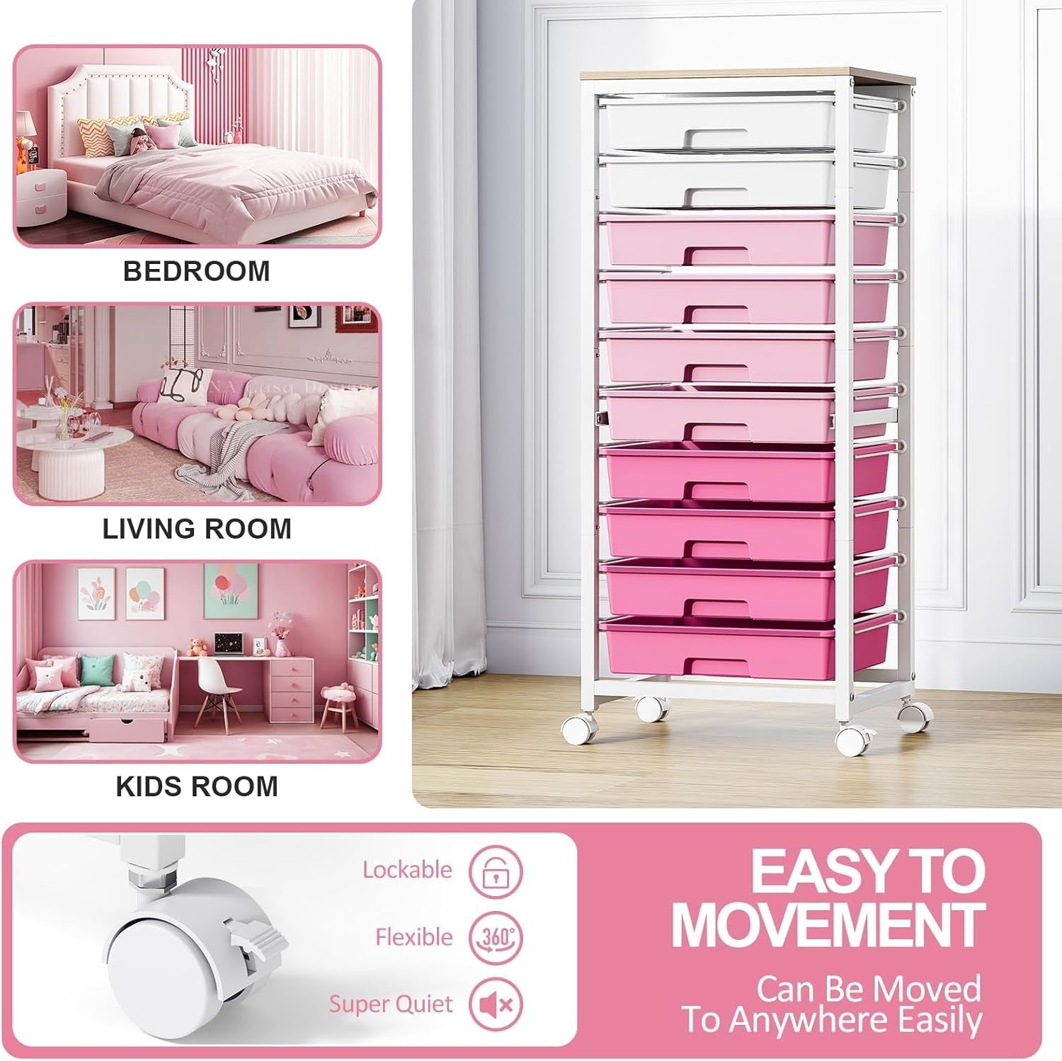10 Drawer Storage Trolley Pink Craft Organizer Cart with Wheels