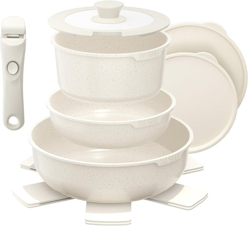 9Pcs White Granite Non-Stick Cookware Set with Removable Handle Induction Safe