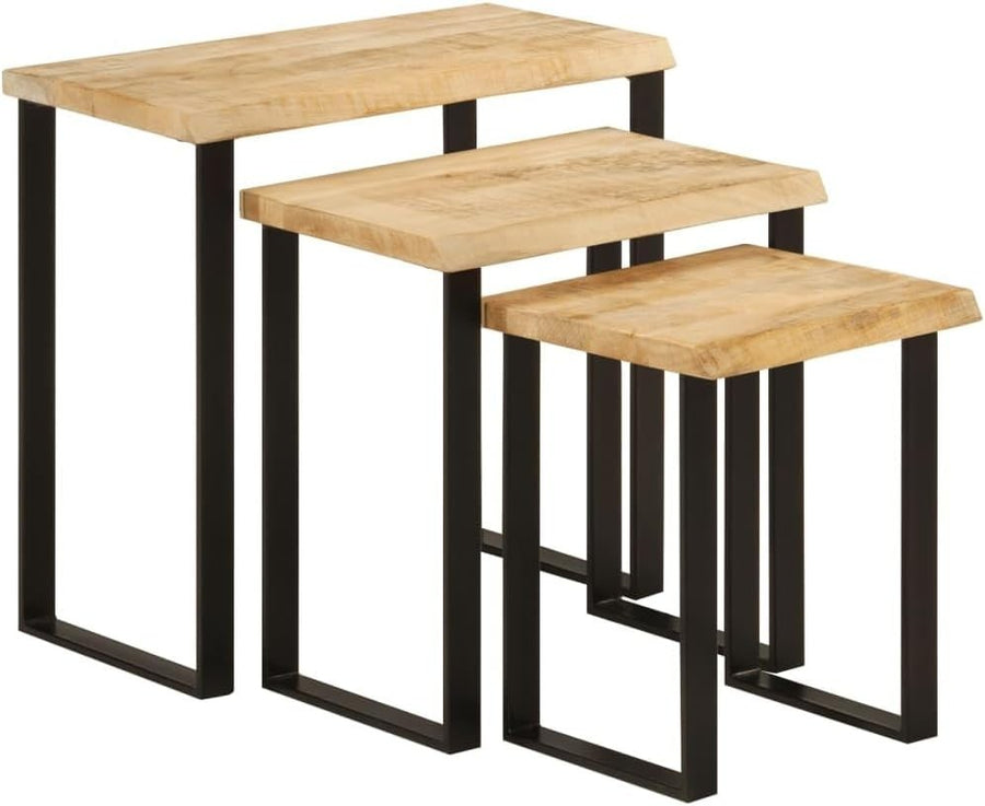 Live Edge Nesting Side Table Set Solid Mango Walnut Wood Industrial Brown Black