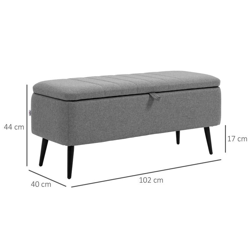 Grey Storage Ottoman Bench Flip Top Upholstered Seat Linen Fabric 102cm