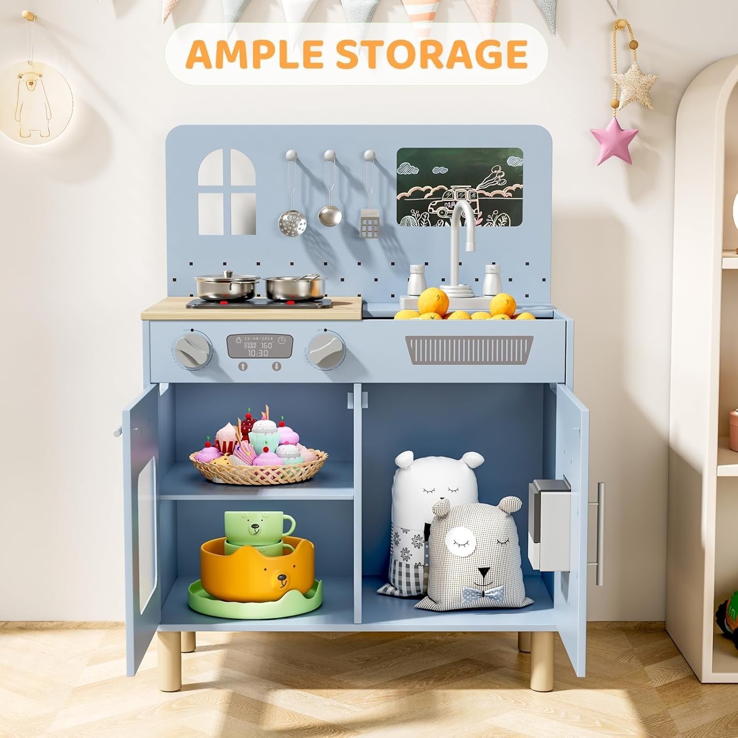 Kids Wooden Play Kitchen w/ Lights Sounds Chalkboard Blue Toy Set