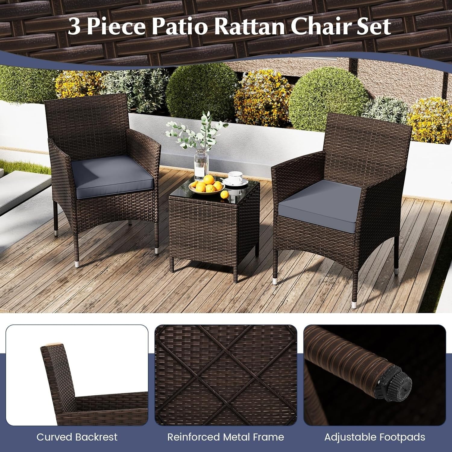 3PC Rattan Bistro Set Outdoor Patio Chairs Table Cushioned Balcony Set